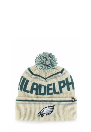 Cappellino lavorato a maglia crema con strisce verdi, pon pon sulla cima, testo ""PHILADELPHIA"" e logo di un'aquila sul risvolto.