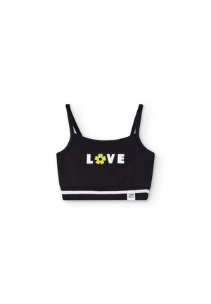 Sort crop top med tynde stropper med ordet "LOVE" i hvide bogstaver og en gul blomst, der erstatter bogstavet O, med stribet kantbånd.