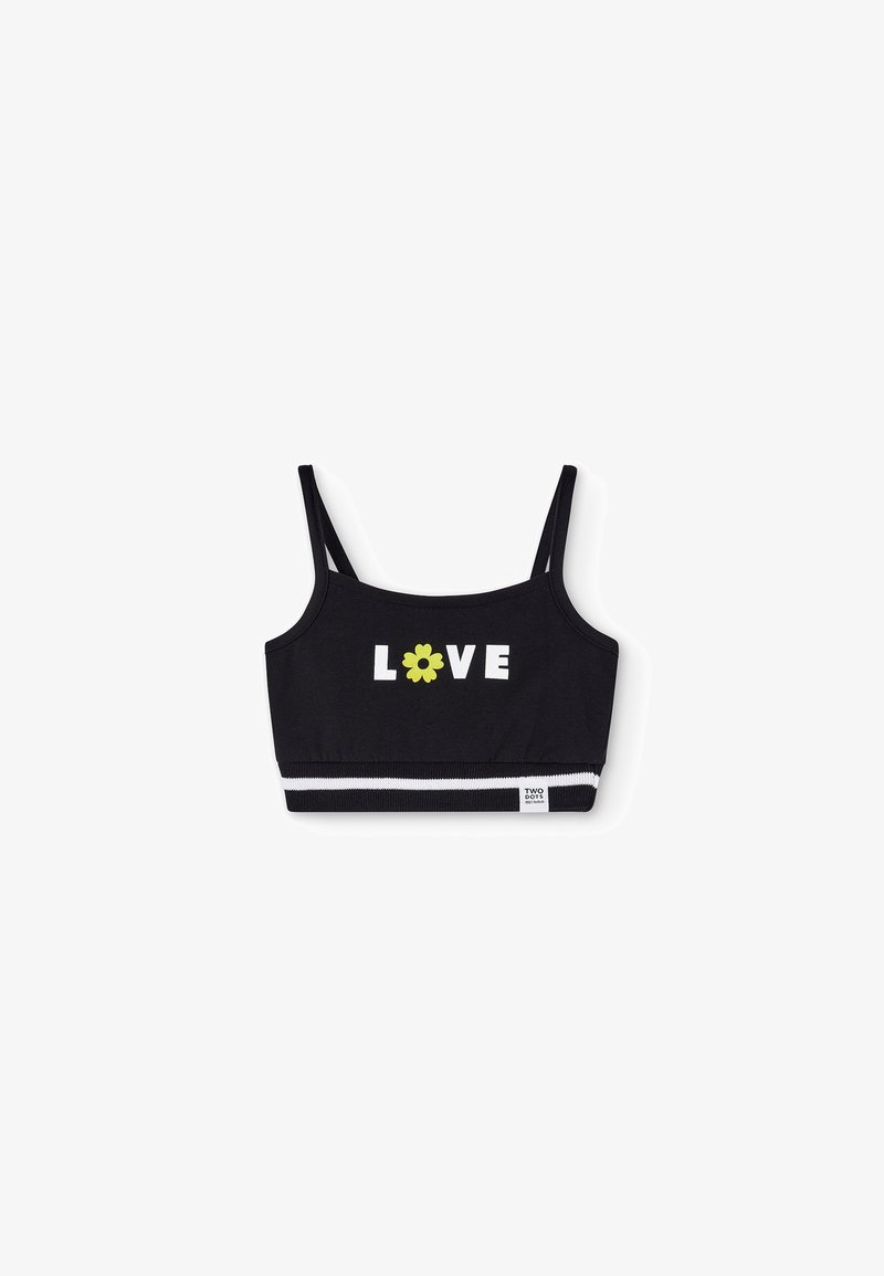Crop top noir à fines bretelles avec le mot "LOVE" en lettres blanches et une fleur jaune remplaçant la lettre O, bande rayée à l'ourlet.
