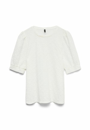 White textured short-sleeve top with a round neck and folded sleeves, featuring a subtly crinkled fabric and a relaxed fit.