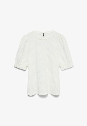 Balta tekstūruota trumpa rankovė viršutine dalimi su apvaliu kaklu ir raukšlėtomis rankovėmis, pasižyminti subtiliai krepuota medžiaga ir laisvu siluetu.