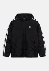 Black puffer jacket with hood, featuring white side stripes, zip front closure, and logo on the left chest. Textured, lightweight material.