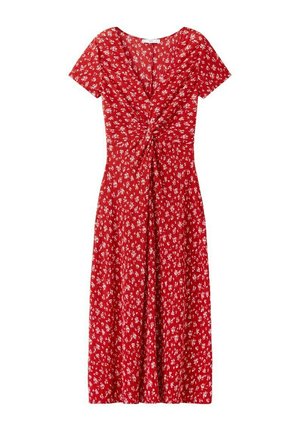 Červené midi šaty s krátkym rukávom, výstrihom do V, predným detailom s uzlom a drobným bielym kvetinovým vzorom po celej ploche.