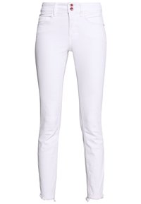 Valkoiset farkut, joissa on kapeat lahkeet ja röpöttävä helma. Kahdella napilla suljettava ja huomaamattomat taskuyksityiskohdat. Sujuva pinta, slim fit -muotoilu.
