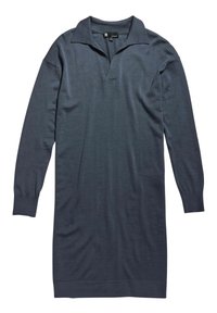 Långärmad klänning i mörk marinblå stickad material, med polo-krage och ribbade ärmslut. Enkelt design utan synliga mönster eller detaljer.