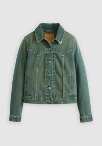 Denim jacket in a faded teal color, featuring a classic collar, front buttons, two side pockets, and structured seams.