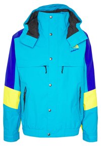 Wodoodporna kurtka w kolorze morskim i fioletowym z wysokim kołnierzem, zatrzaskami, dwoma przednimi kieszeniami oraz żółtymi akcentami na rękawach.