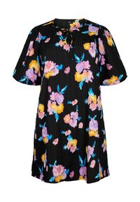 Robe noire à manches courtes avec des manches bouffantes, un col à nouer et un motif floral coloré dans des teintes de rose, jaune, bleu et violet.