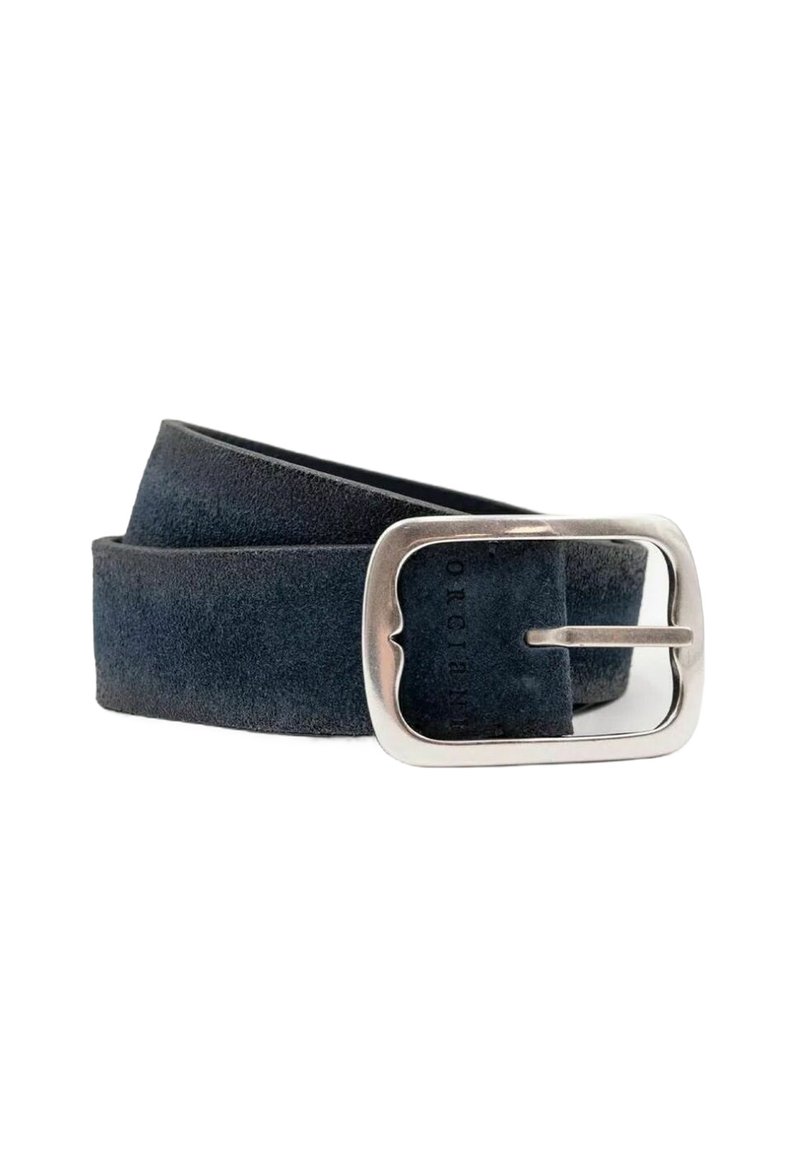 Cintura in suede blu navy con fibbia in metallo argentato, design piatto e texture liscia. La fibbia ha una forma rettangolare con angoli arrotondati.