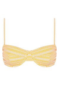 Top de bikini amarillo y blanco con un diseño estampado, tirantes finos ajustables y un sutil detalle retorcido en el centro.