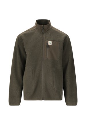 Fleecejack in donkergroen olijf met staande kraag, volledige ritssluiting aan de voorkant, twee zijzakken en een borstzak met rits. Getextureerde stof.