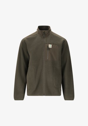 Fleece-takki tummanoliivinvihreänä, jossa on pystykaulus, täysi vetoketju etuosa, kaksi sivutaskua ja rintatasku vetoketjulla. Rakenne on teksturoitu.