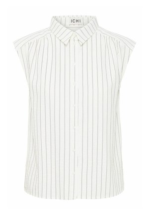 Camisa sin mangas blanca con finas rayas verticales en gris. Presenta un cierre de botones en la parte delantera y un cuello clásico, con hombros ligeramente acolchados.