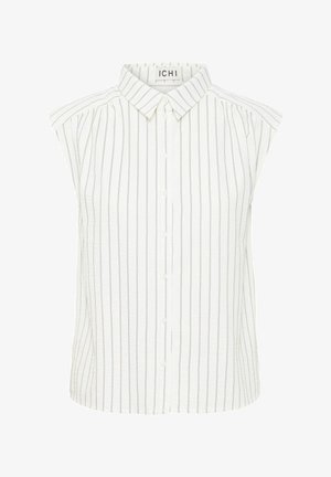 Camisa sin mangas blanca con finas rayas verticales en gris. Presenta un cierre de botones en la parte delantera y un cuello clásico, con hombros ligeramente acolchados.