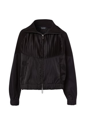 Black zip-up jacket with a collared neck, featuring pleated texture in the upper section and smooth, shiny lower fabric. Elastic cuffs and hem.