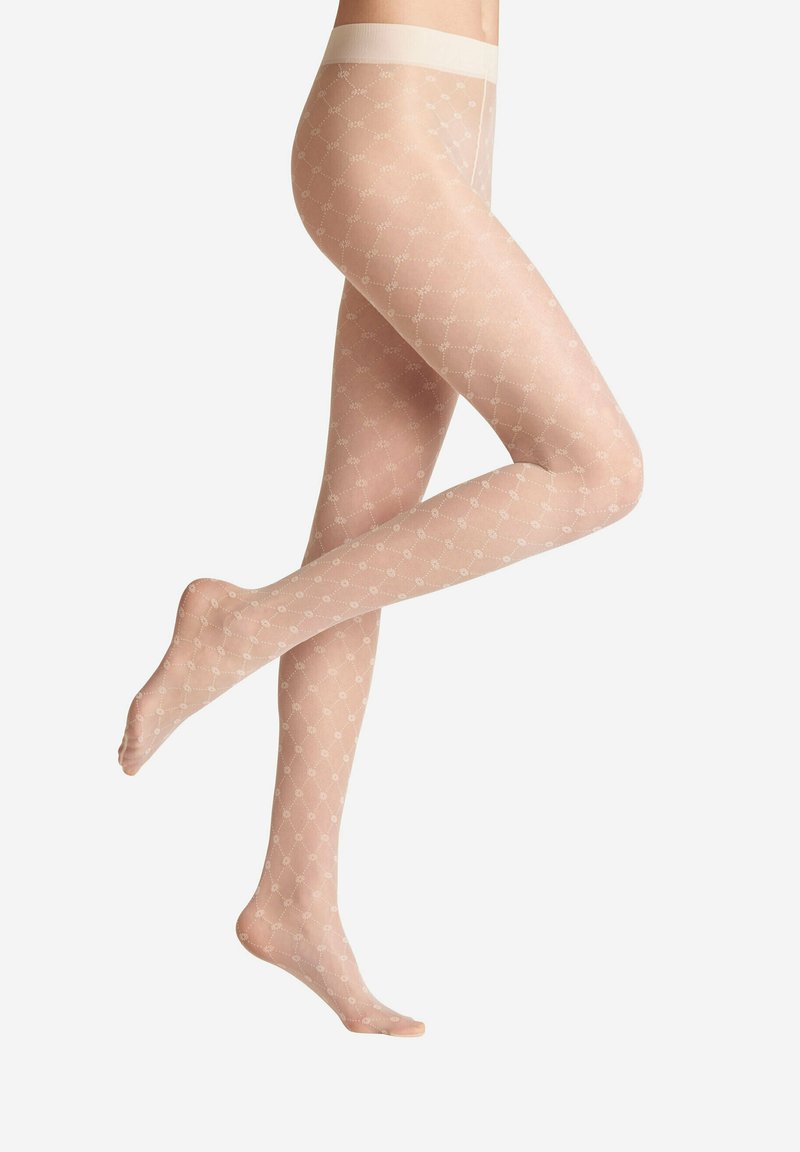 Collant nudi trasparenti con un motivo a diamante, dotati di una morbida vita elastica bianca. Il materiale è liscio con una leggera lucentezza.