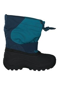 Botte d'hiver imperméable avec une tige en tissu bleu foncé et des accents bleu sarcelle éclatants. Semelle épaisse en caoutchouc noir avec une bande de roulement texturée pour une meilleure adhérence.