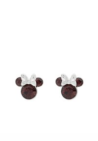 Boucles d'oreilles argentées avec des pierres en cristal rouge, dans un design Minnie Mouse, ornées d'un nœud et d'accents circulaires.