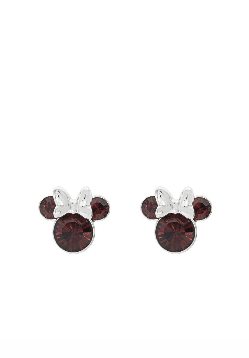 Boucles d'oreilles argentées avec des pierres en cristal rouge, dans un design Minnie Mouse, ornées d'un nœud et d'accents circulaires.