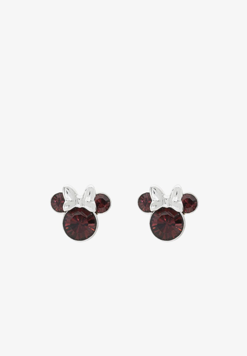 Boucles d'oreilles argentées avec des pierres en cristal rouge, dans un design Minnie Mouse, ornées d'un nœud et d'accents circulaires.