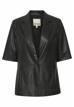 Black leather blazer with short sleeves, notched lapels, single button closure, and smooth texture. Brand label visible inside.