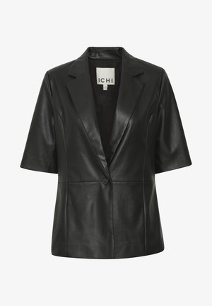 Sort læderblazer med korte ærmer, nøddeklapper, enkelt knaplukning og glat tekstur. Mærketiketten er synlig indeni.