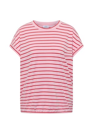 T-shirt rose à manches courtes avec des rayures horizontales rouges et un col arrondi, avec une coupe ample et un bas légèrement froncé.