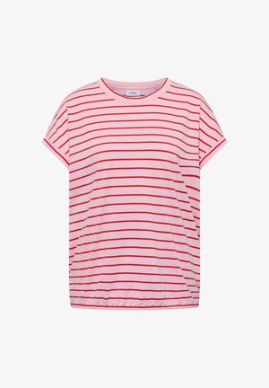 Rosa T-Shirt mit kurzen Ärmeln, roten horizontalen Streifen und rundem Ausschnitt, mit lockerem Schnitt und leicht gerafftem Saum.