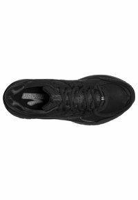 Zwarte sportieve schoen met een gestructureerde bovenkant, vetersluiting, gevoerde tong en een comfortabele zool. Bevat een mix van gladde en mesh materialen.