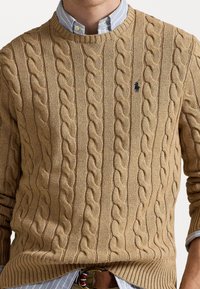 Maglione a trecce color sabbia con scollo rotondo e polsini a costine, con un piccolo logo sul petto. Indossato sopra una camicia a righe.