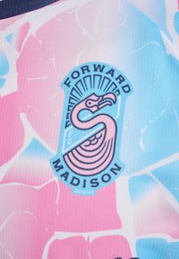 Das Forward Madison-Logo auf einem strukturierten, rosa und blauen Musterhintergrund. Das Logo zeigt einen stilisierten Flamingo und den Text "FORWARD MADISON."
