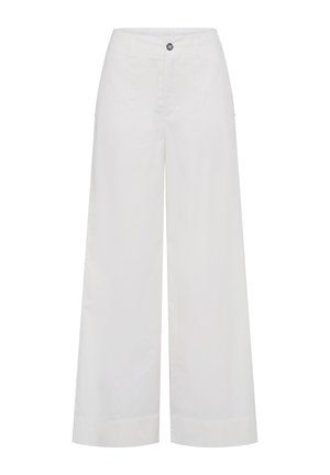 Weiße, weit geschnittene Hose mit Knopf- und Reißverschluss, hohe Taille und umgeschlagenen Säumen.