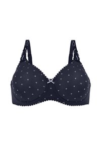Marineblauwe beha met polkadots, met gevormde cups, kantafwerking, verstelbare bandjes en een kleine decoratieve strik in het midden.