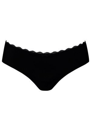 Black lace-trimmed panties with a smooth finish, featuring a low-rise design and a scalloped edge along the waistband.