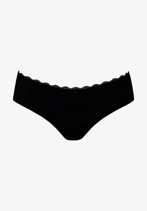Zwarte onderbroek met kant, voorzien van een gladde afwerking, met een laag uitgesneden ontwerp en een golvende rand langs de tailleband.