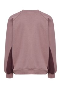 Pullover sweatshirt i blød mauve stof med ribstrikkede manchetter og kant. Har mørkere mauve accentpaneler på siderne og raglanærmer.