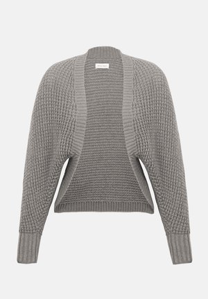 Cardigan gris en maille avec ouverture devant, motif texturé, manches longues et poignets côtelés, présenté sur un fond uni.