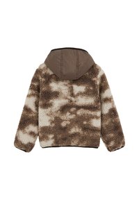 Veste en fausse peau lainée tie-dye marron et crème à manches longues avec une capuche marron unie, vue de dos.