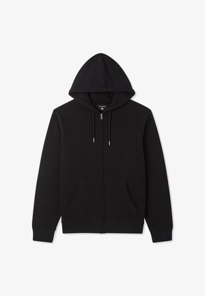 Felpa nera con zip realizzata in tessuto morbido, con cappuccio, tasche frontali e polsini a costine con dettagli di cucitura. Taglia XL.