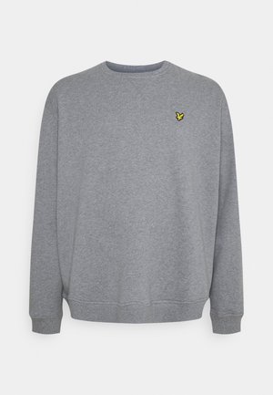 Sweat-shirt gris à manches longues avec col rond, poignets et ourlet côtelés, arborant un petit logo d'oiseau jaune sur le côté gauche de la poitrine.