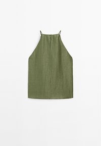 Olive green sleeveless top made from a textured fabric, featuring a back zipper and a flowing silhouette.