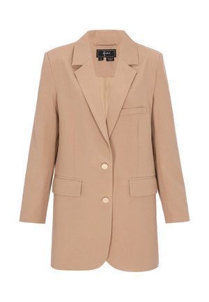 Női bézs blézer két gombbal, bevágott hajtókkal, fedeles zsebekkel és egy mellzsebbel, testhez álló szabással.