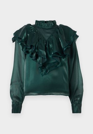 Teal satinbluse med rynkete halskant og ermer. Den har en høy krage og avsmalnede mansjetter, som viser en glatt, blank tekstur.