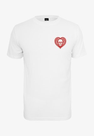 Valge puuvillane T-särk, millel on punane südamekujuline disain, millel on vasakul rinna piirkonnas kolju ja lehtede aksendid. Lühikesed varrukad, klassikaline lõige.