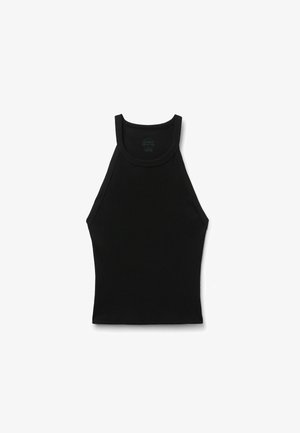 Camiseta sin mangas negra acanalada con cuello alto y ajuste slim, mostrada sobre un fondo blanco.