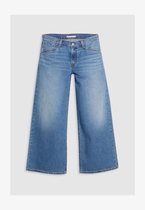 Ljusblå vida jeans i denim. Har hög midja, fem fickor och kontrasterande sömmar. Slät textur med en avslappnad design.