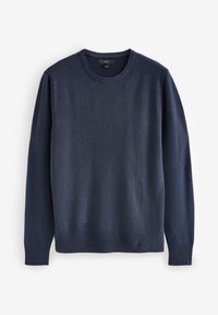 Dunkelblauer Pullover aus strukturiertem Strickstoff, mit Rundhalsausschnitt und langen Ärmeln mit gerippten Bündchen und Saum.