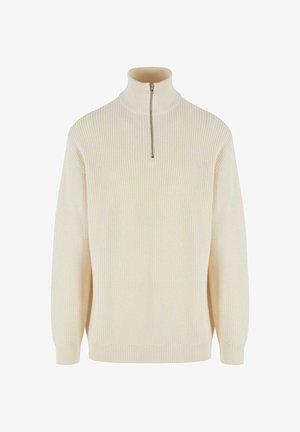 Krémový sveter s vysokým golierom a polovičným zipsom, s rebrovanou textúrou a dlhými rukávmi. Má voľný strih a elastické manžety a lem.