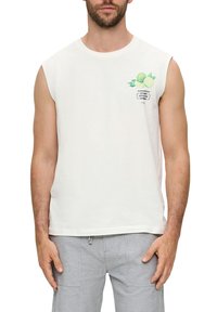White sleeveless cotton t-shirt featuring a green lime graphic and text design on the left chest, with a relaxed fit and smooth texture.