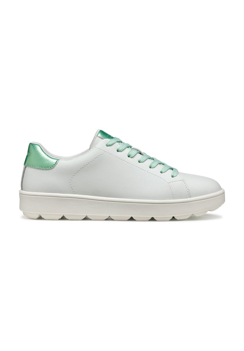 White leather sneakers with green accents, round toe, flat sole with unique wave pattern, and rounded laces. Smooth texture throughout.